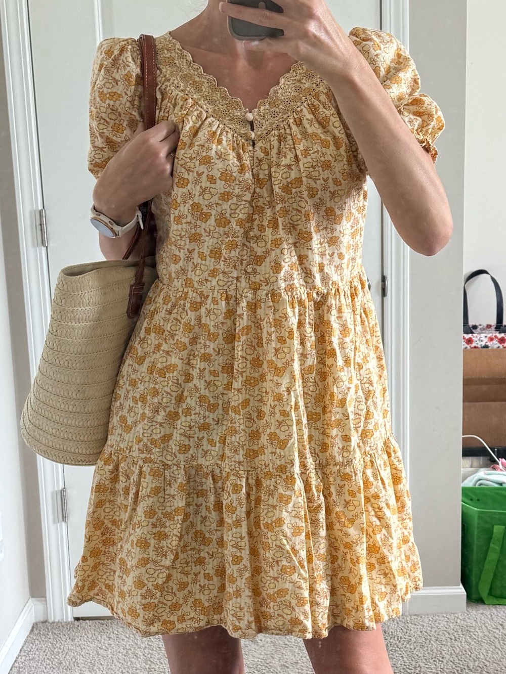 Madewell cotton yellow floral mini dress with lace trim, size S - Picture 2 of 4